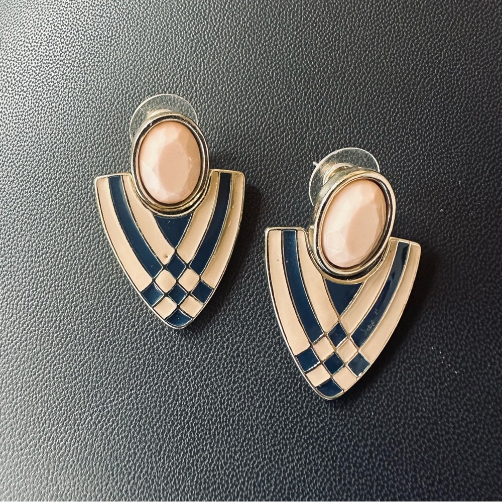 Gold and Blue Enamel Shield Drop Earrings - Elegant Women Jewelry